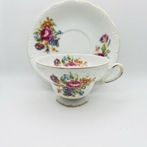 Vintage Japan Floral Teacup Saucer Set Gold Trim White Cottagecore Tea Party